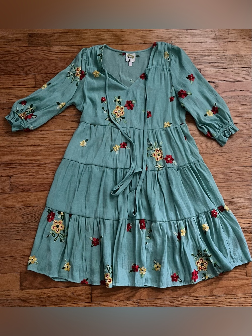 Anthropologie Fig and Flower Embroidered flowy, fairycore sage green dress